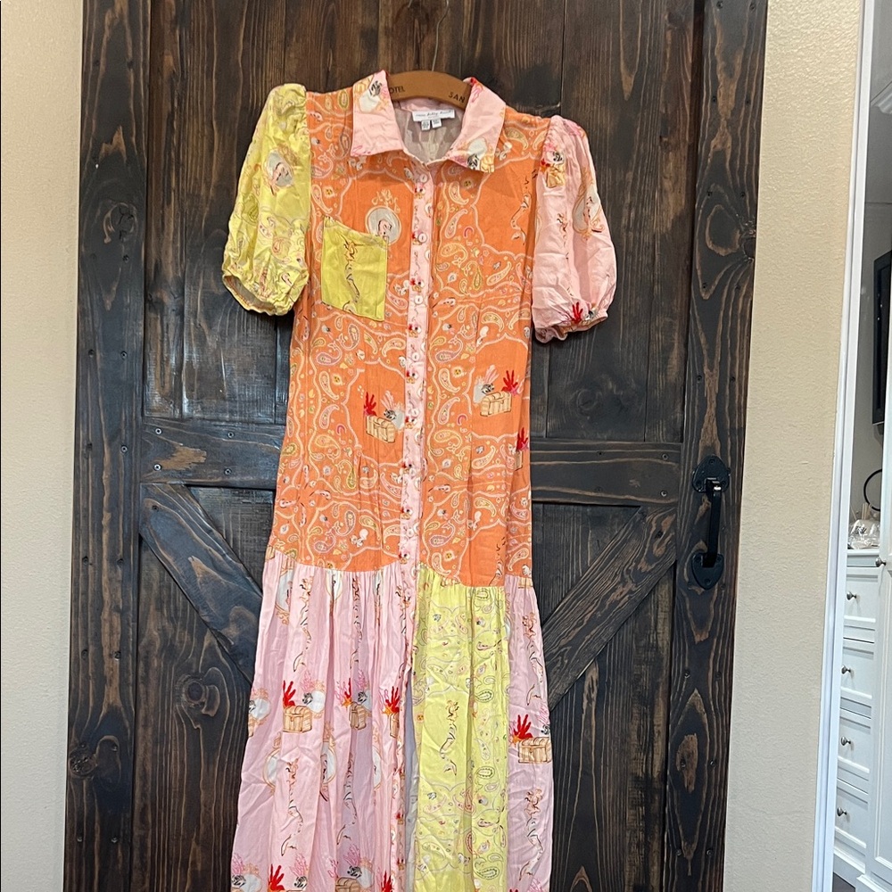 Never Fully Dressed - Patchwork Button-Front Midi Dress in Orange, Pink & Yellow